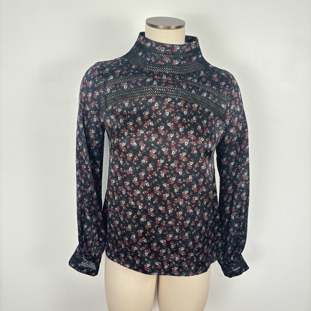 Intermix Black Red Multicolor Moody Floral 100% Silk Blouse Top High Neck 6 READ